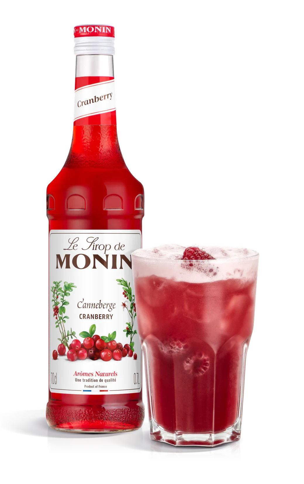 Monin sirup Brusinka 0,7 l – láhev s připraveným nápojem