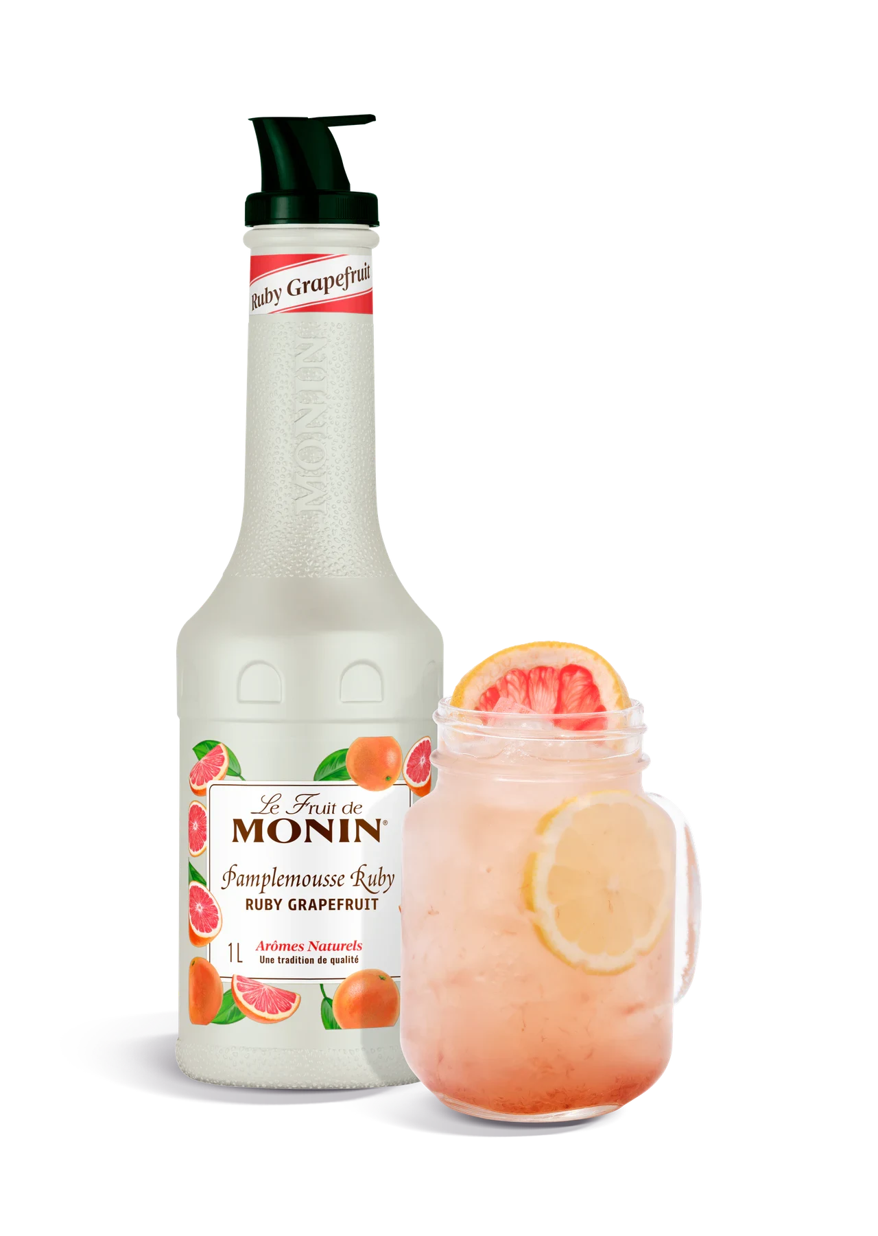 MONIN pyré Červený grep v novém bílém designu s hotovým nápojem