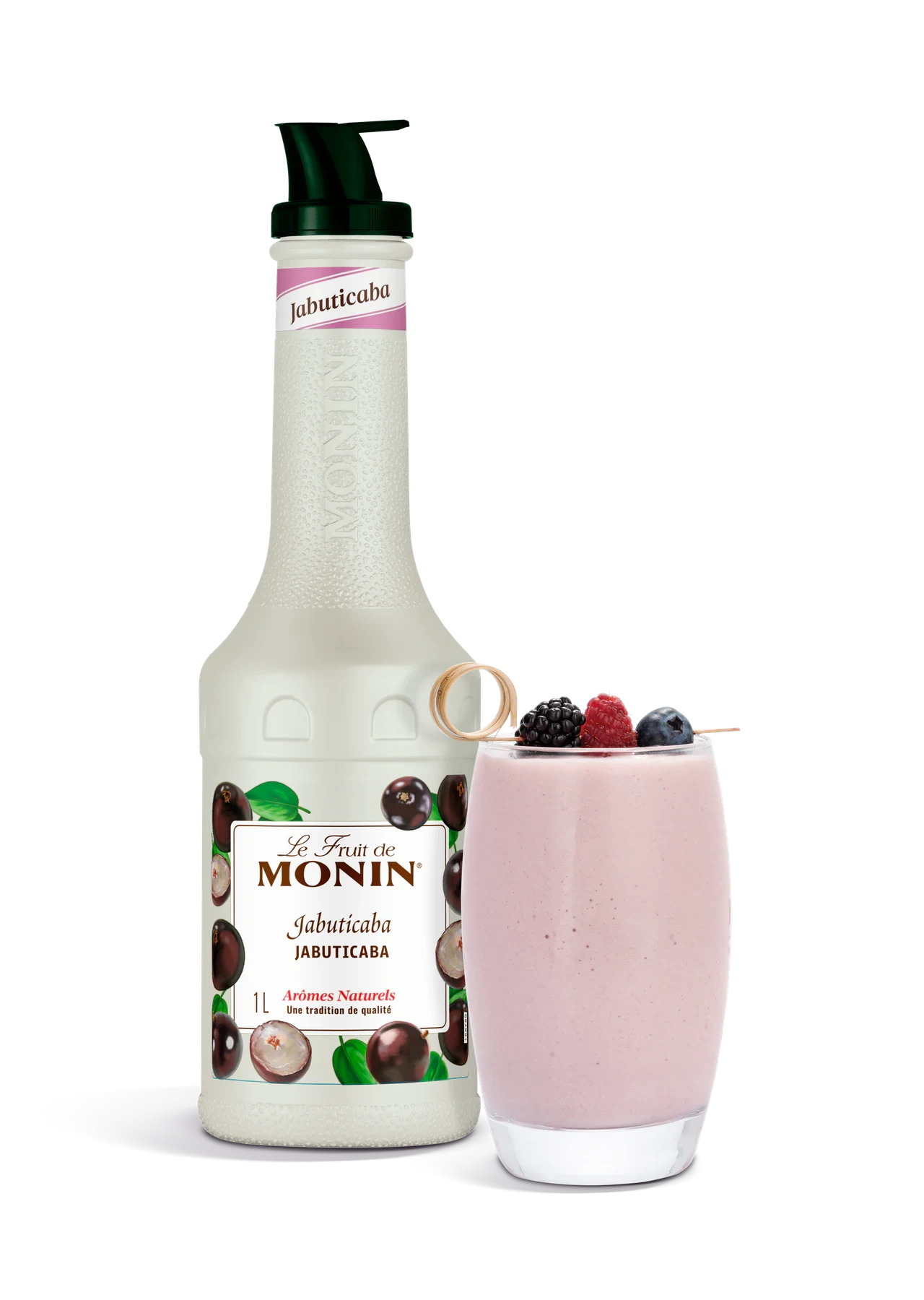 MONIN pyré Jabuticaba v novém bílém designu s hotovým nápojem