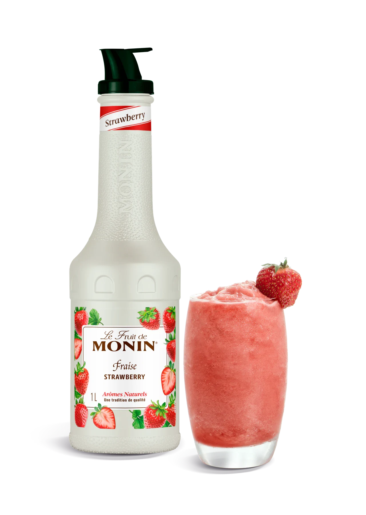 MONIN pyré Jahoda v novém bílém designu s hotovým nápojem