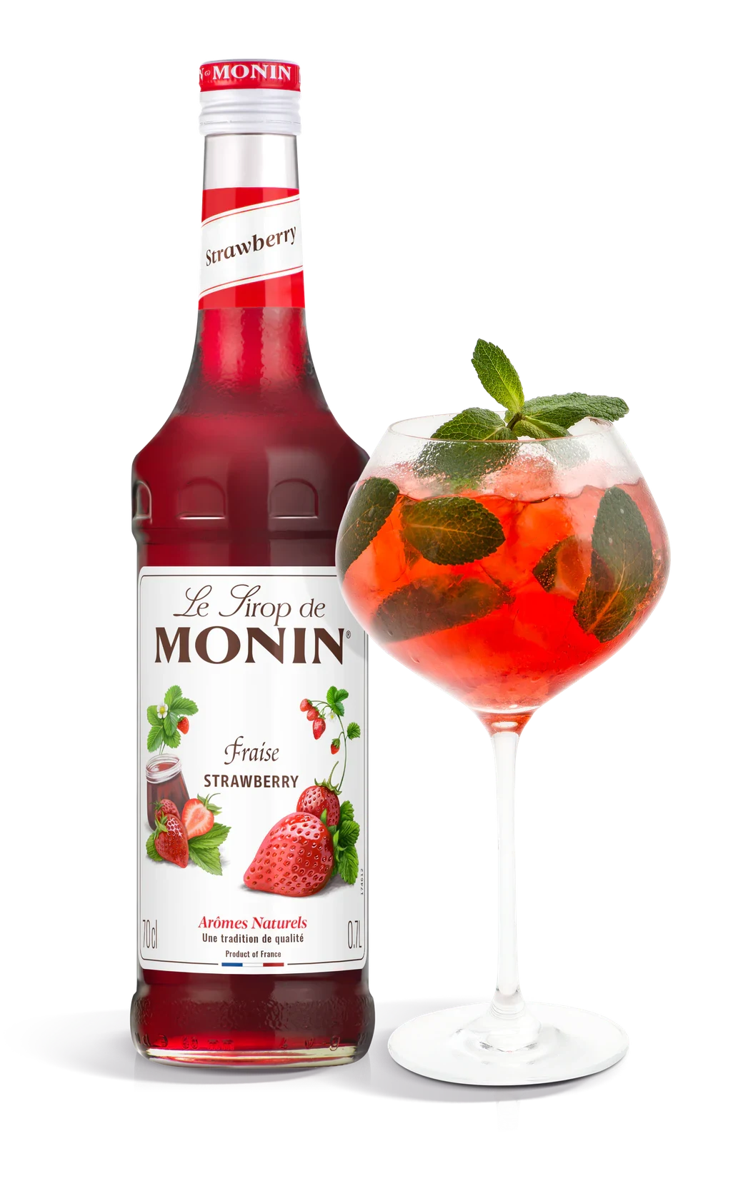Monin sirup Jahoda 0,7 l – láhev s připraveným nápojem