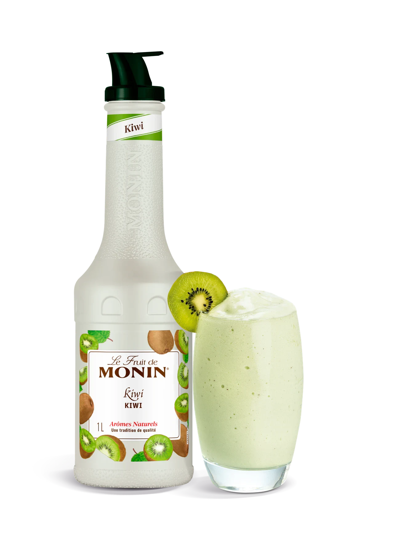 MONIN pyré Kiwi v novém bílém designu s hotovým nápojem