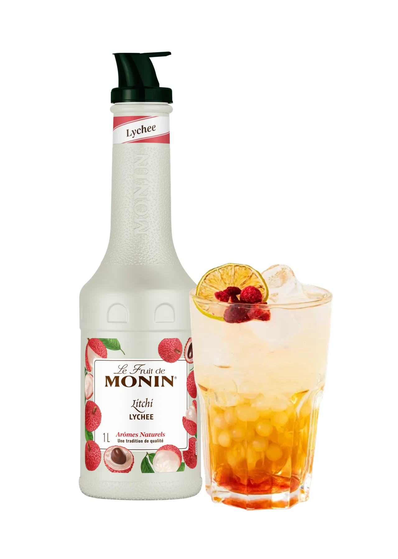 MONIN pyré Liči v novém bílém designu s hotovým nápojem