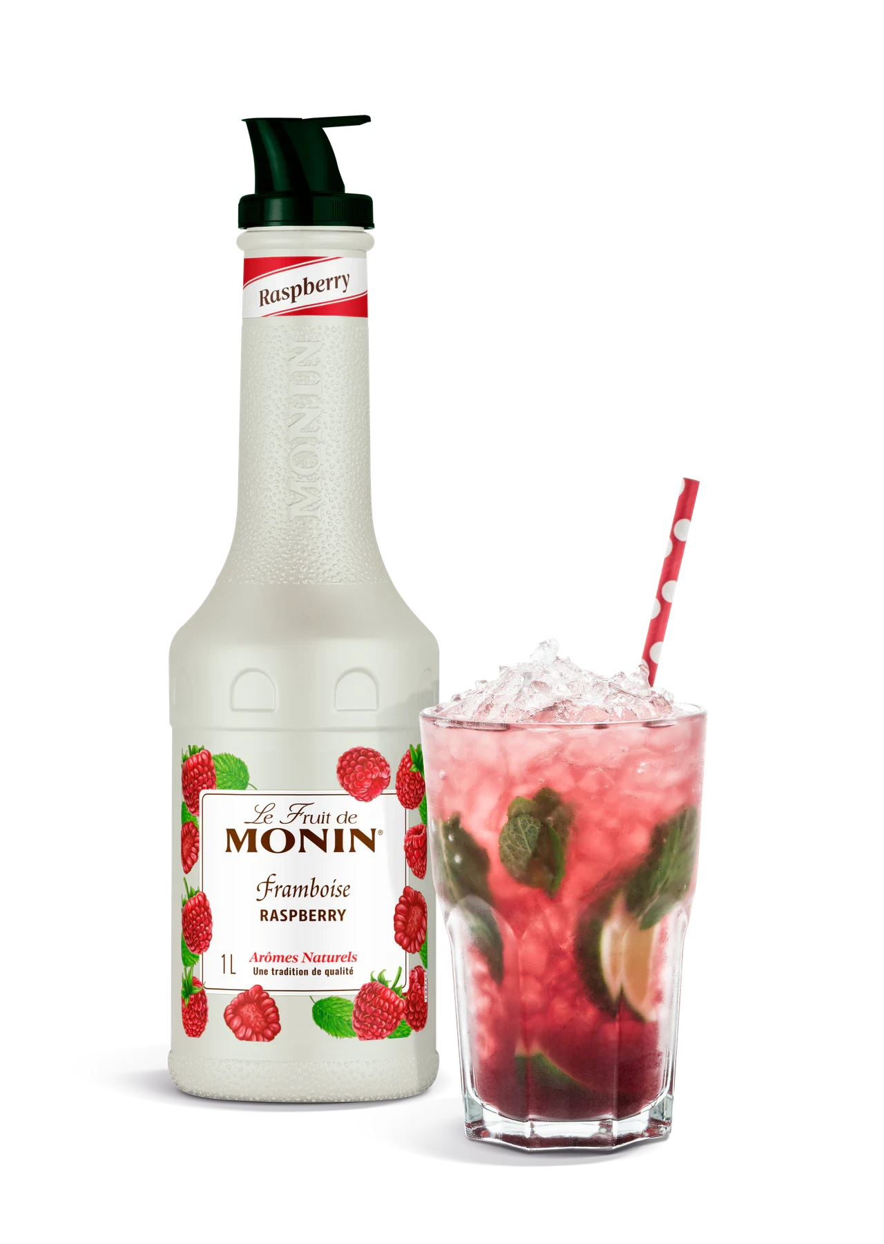 MONIN pyré Malina v novém bílém designu s hotovým nápojem
