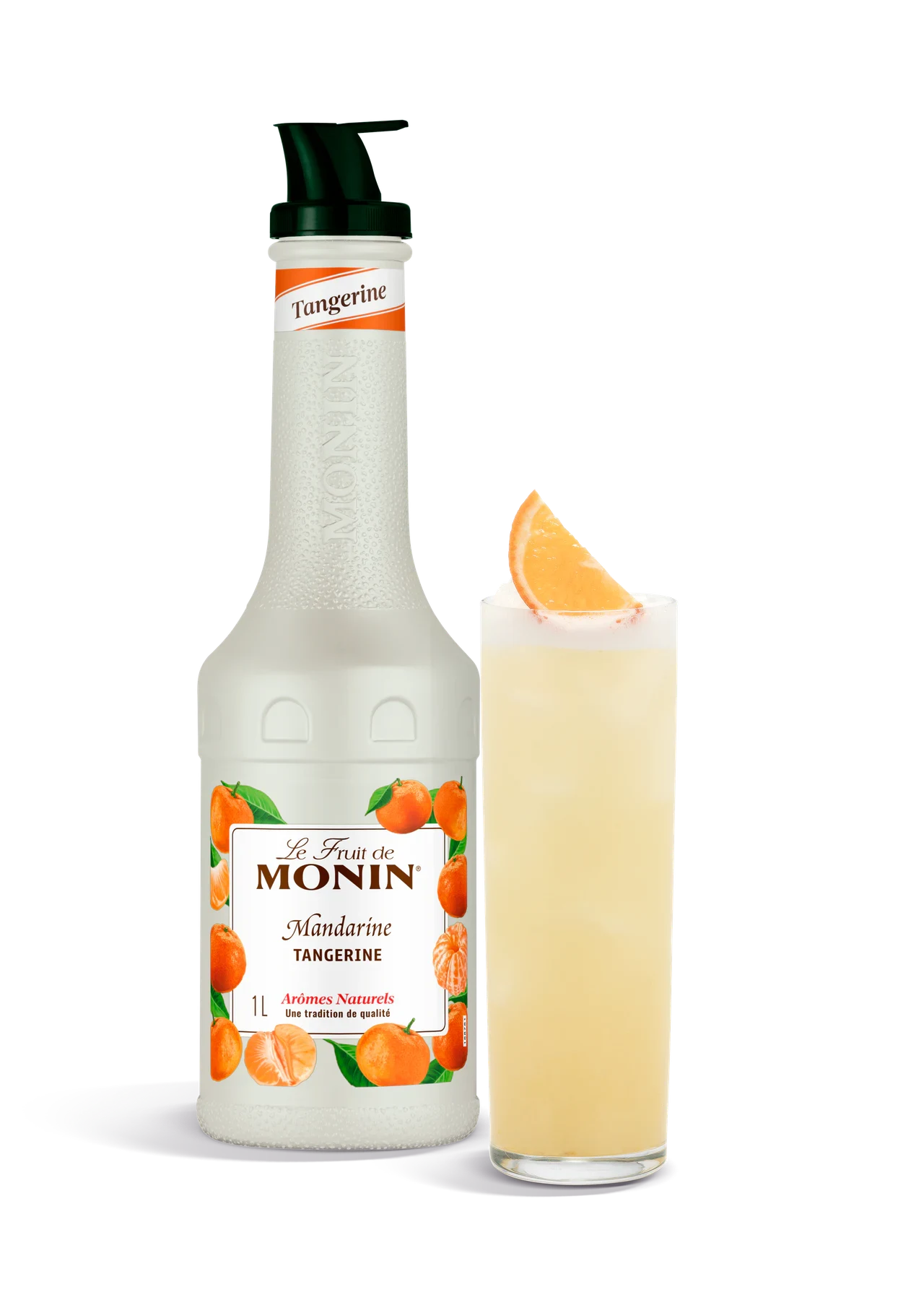 MONIN pyré Mandarinka v novém bílém designu s hotovým nápojem