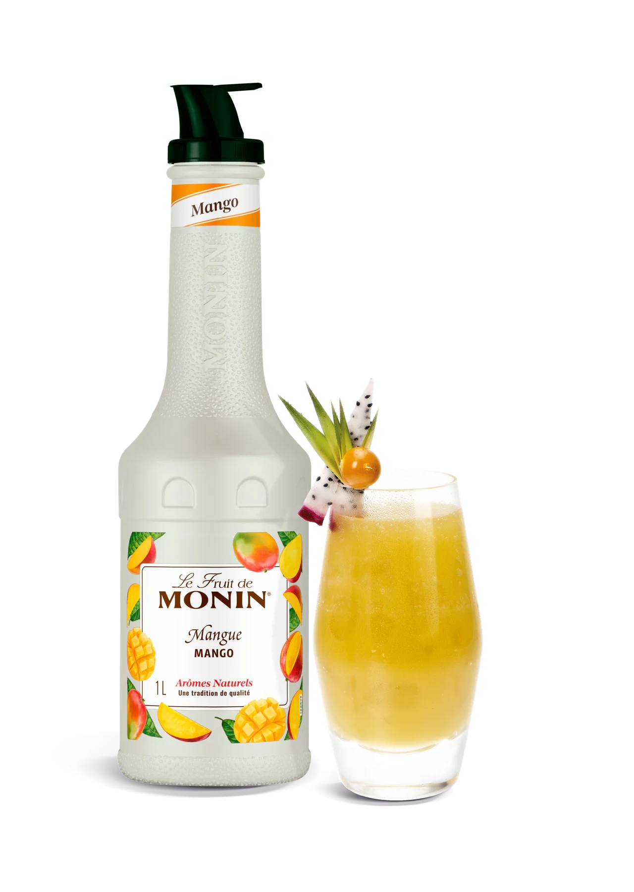 MONIN pyré Mango v novém bílém designu s hotovým nápojem