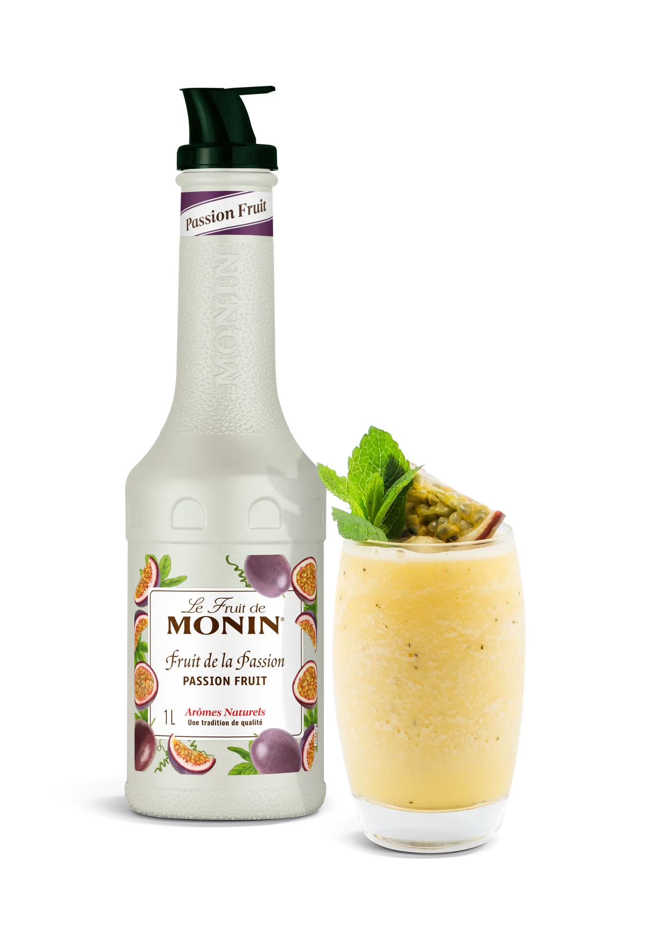 MONIN pyré Maracuja v novém bílém designu s hotovým nápojem