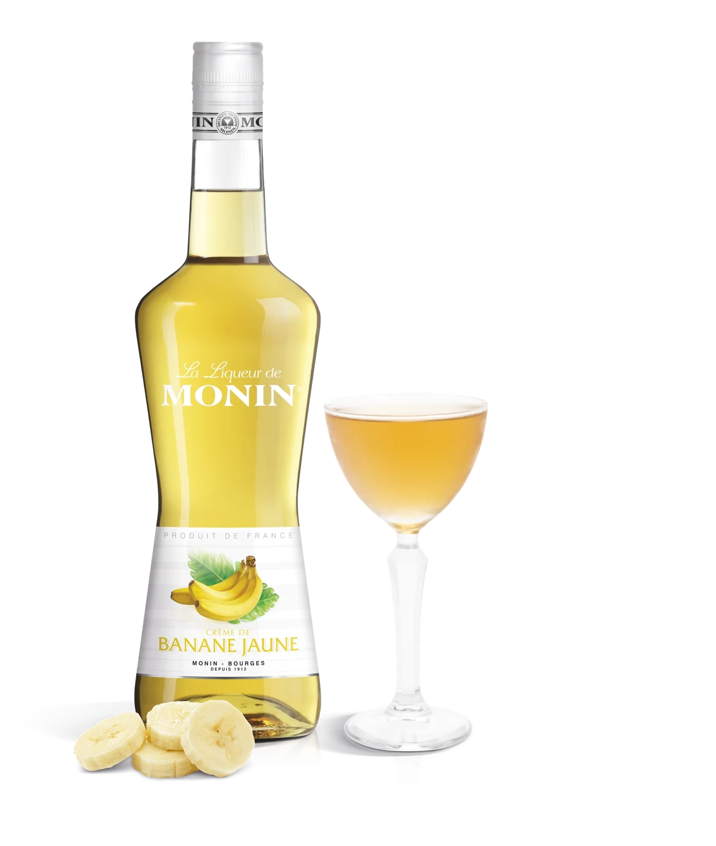 Monin likér Banán 20% – produkt s připraveným nápojem