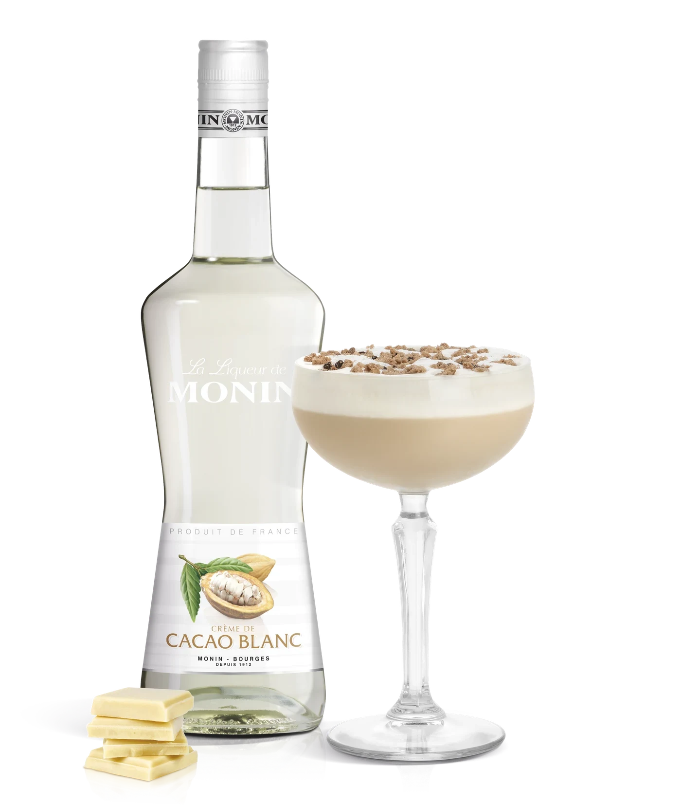 Monin likér Kakao bílé 20% – produkt s připraveným nápojem