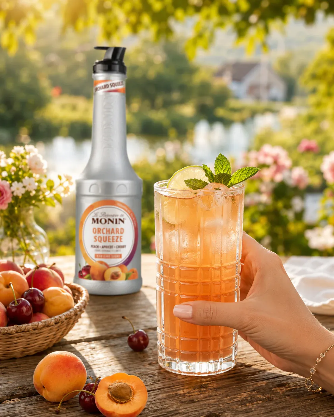 MONIN Refresher Orchard Squeeze s broskvovým nápojem