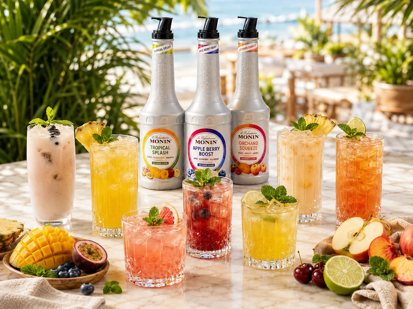 Tři MONIN Refreshers s výběrem ovocných funkčních nápojů