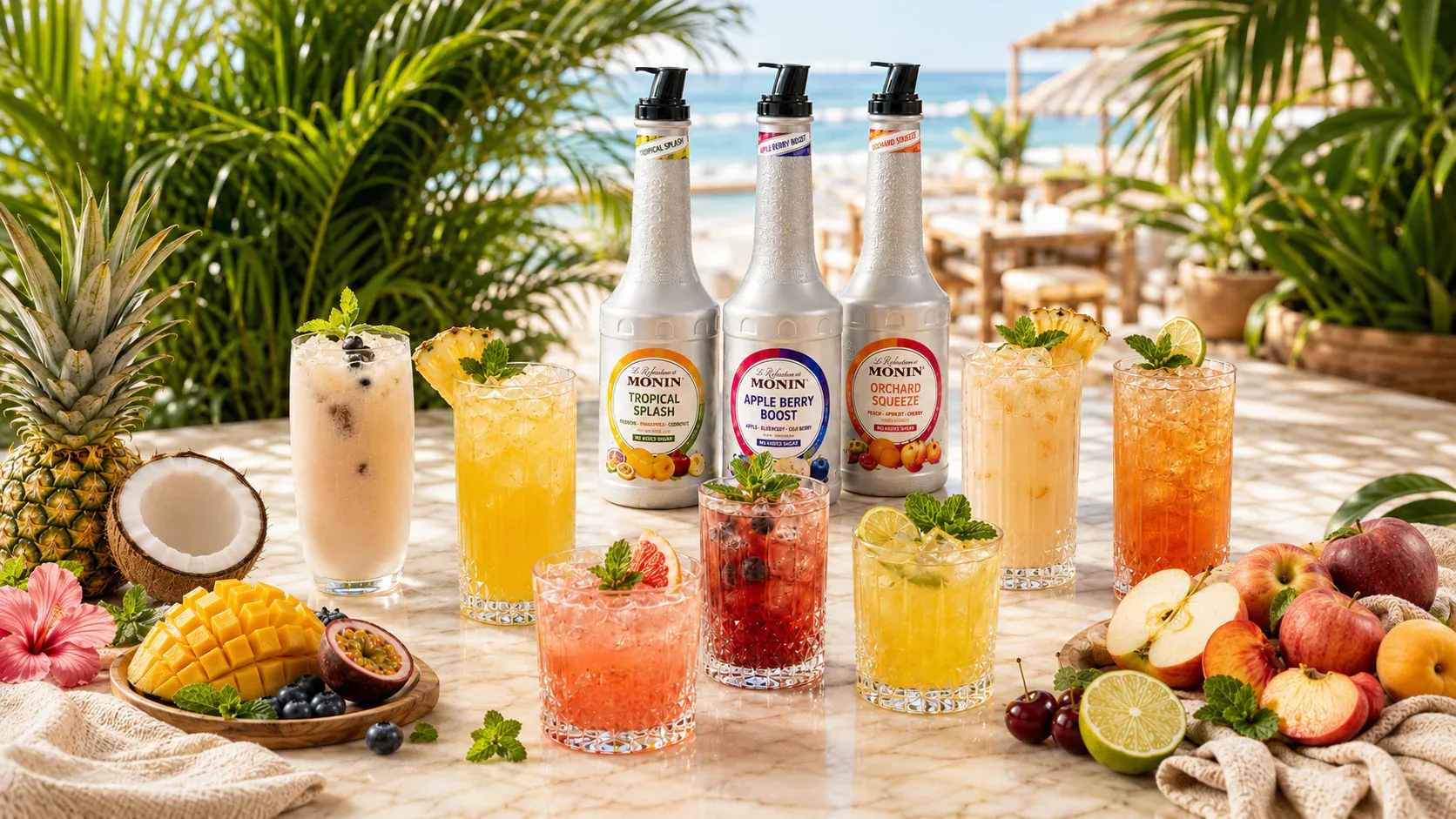 Tři příchutě MONIN Refreshers s hotovými ovocnými nápoji