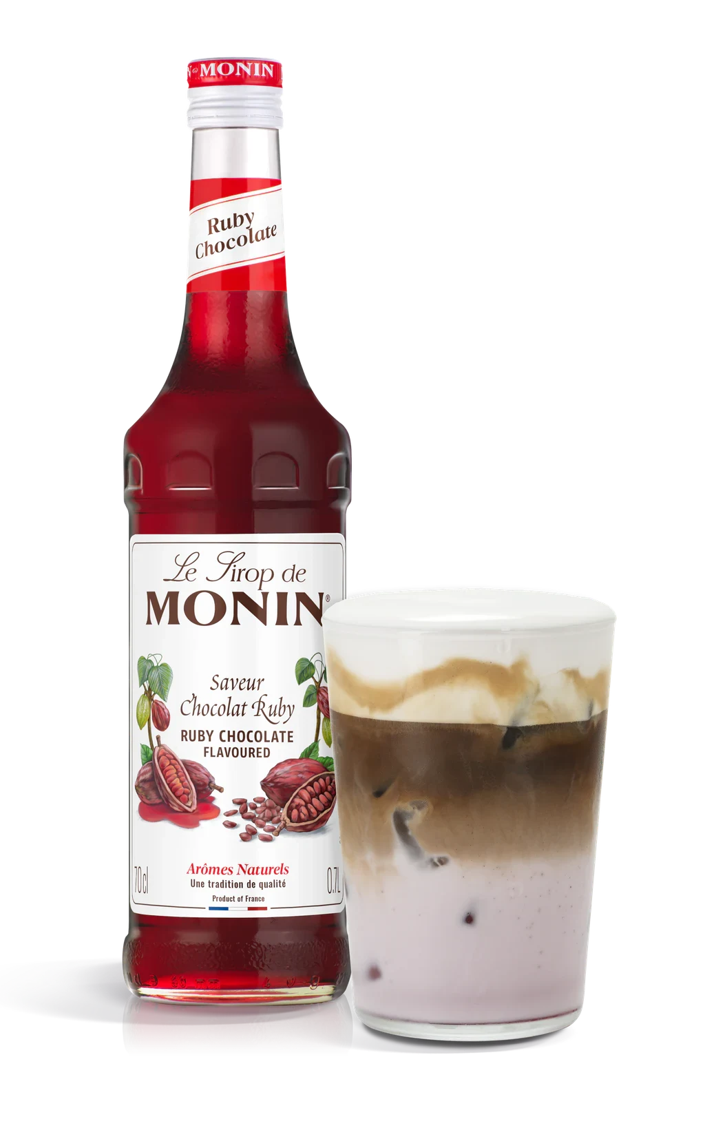 Monin sirup Ruby Chocolate 0,7 l – láhev s připraveným nápojem